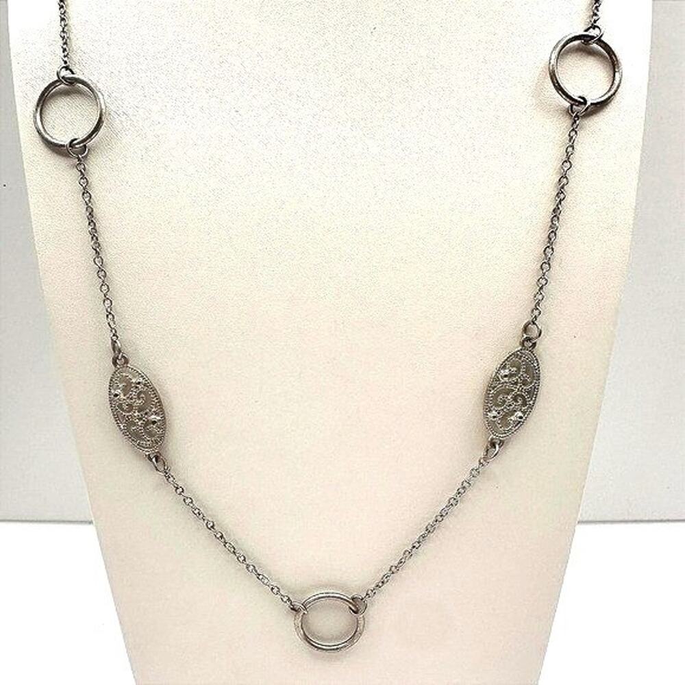 Vintage 90s Silver Tone Filigree Station Necklace Oval Chain Boho Jewelry Retro